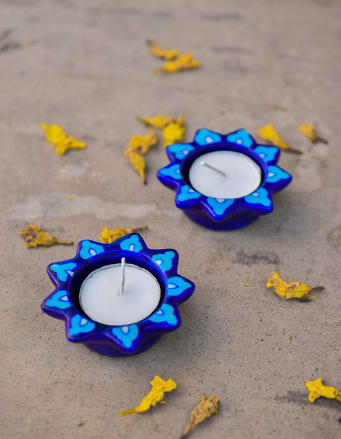Blue Pottery T-Light Holder Set Of 2 Pcs.